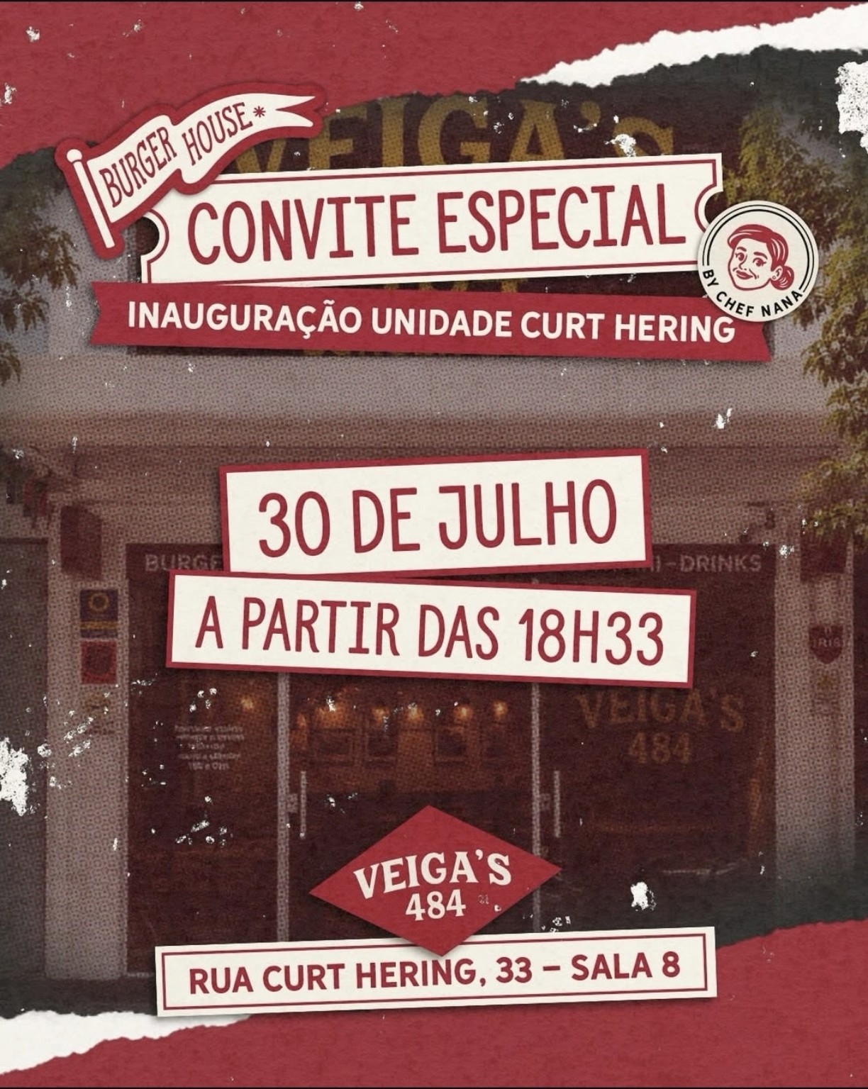 Convite especial de inauguração da unidade Curt Hering do Veiga's 484 em 30 de julho, a partir das 18h33, na Rua Curt Hering, 33, Sala 8